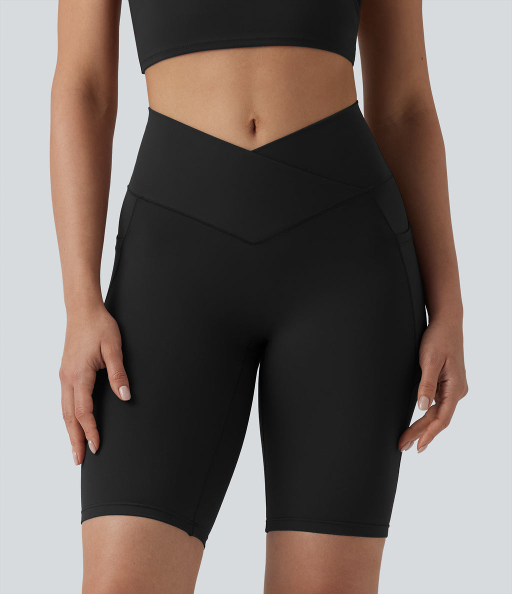 High Waisted Crossover Yoga Biker Shorts 9'' with Pockets — Black — view 4