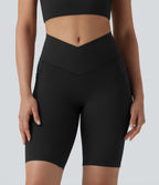 High Waisted Crossover Yoga Biker Shorts 9'' with Pockets — Black — view 4