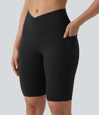 High Waisted Crossover Yoga Biker Shorts 9'' with Pockets — Black — view 5