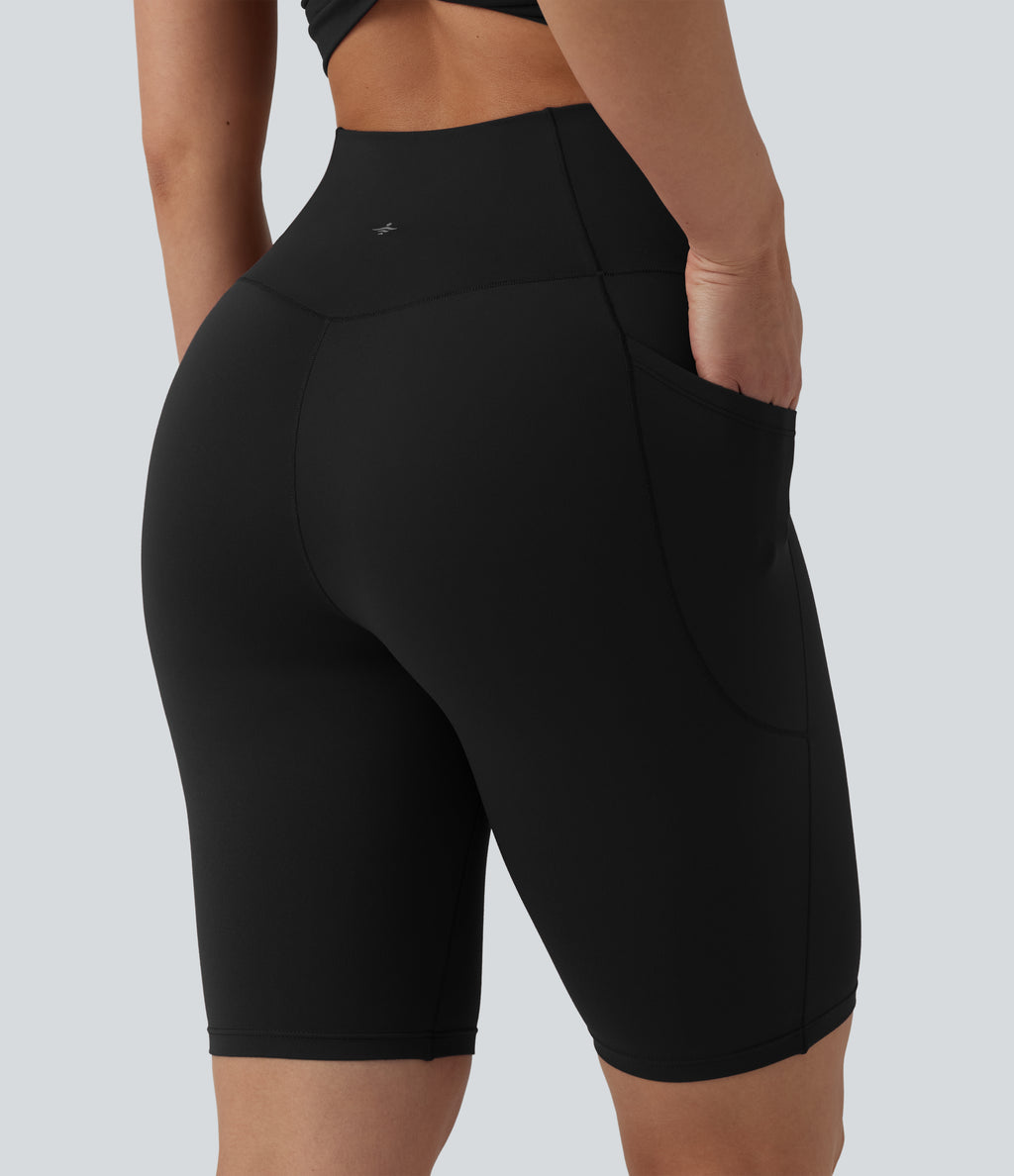 High Waisted Crossover Yoga Biker Shorts 9'' with Pockets — Black — view 3