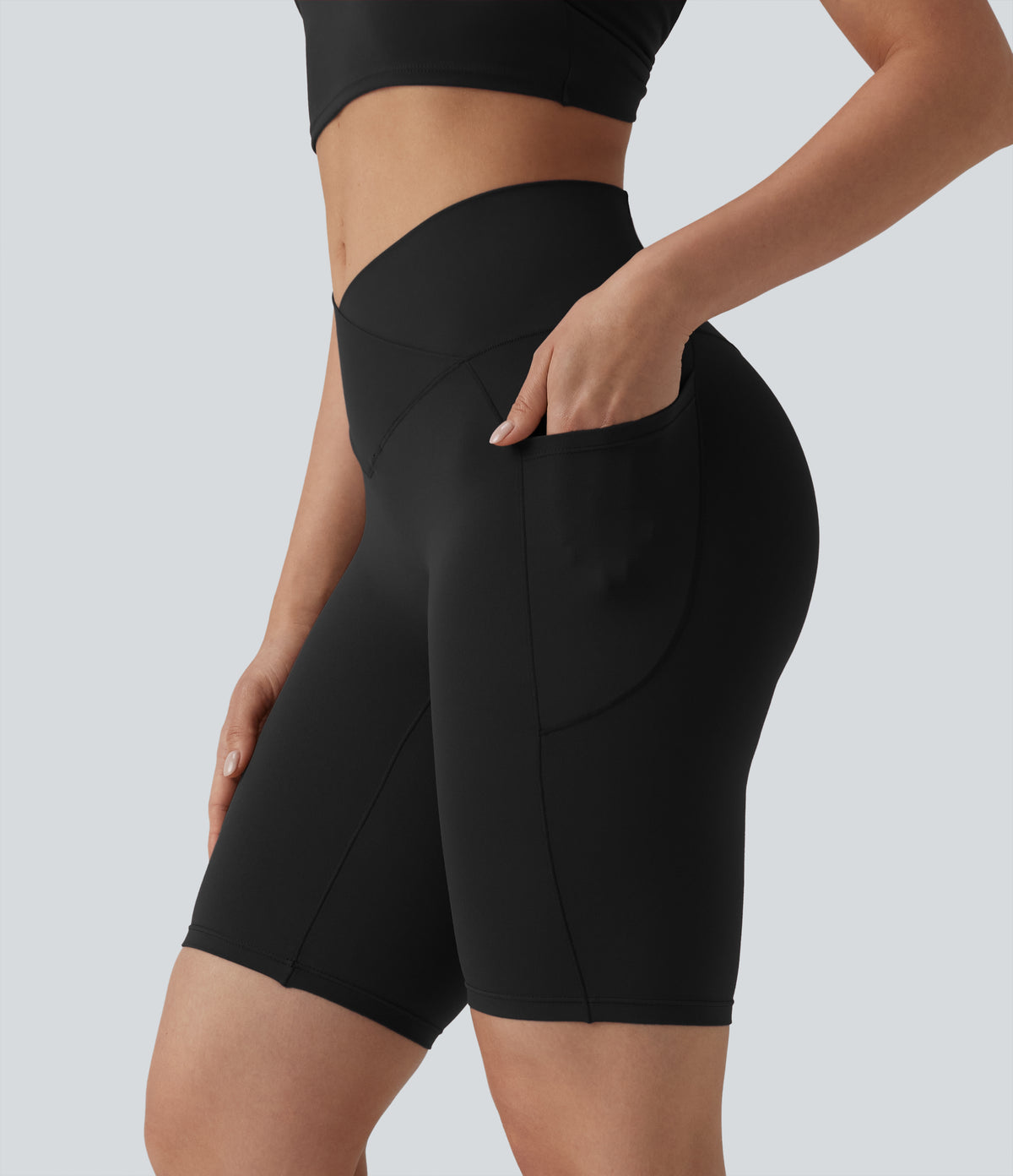 High Waisted Crossover Yoga Biker Shorts 9'' with Pockets — Black — view 1