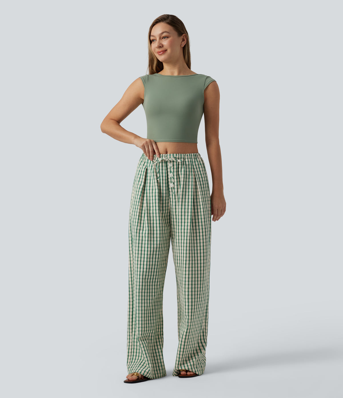 Mid Rise Drawsting Wide Leg Plaid Casual Trousers with Pockets — Forest Meadow Plaid — view 5