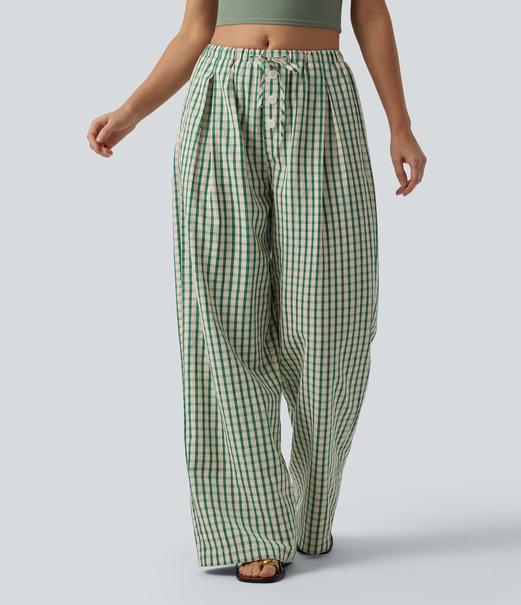 Mid Rise Drawsting Wide Leg Plaid Casual Trousers with Pockets — Forest Meadow Plaid — view 3