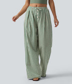 Mid Rise Drawsting Wide Leg Plaid Casual Trousers with Pockets — Forest Meadow Plaid — view 3