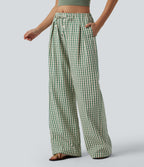 Mid Rise Drawsting Wide Leg Plaid Casual Trousers with Pockets — Forest Meadow Plaid — view 1