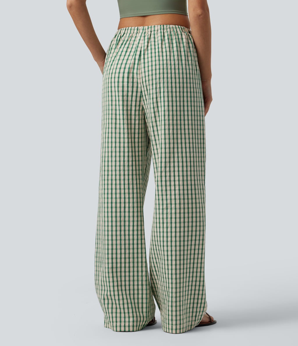 Mid Rise Drawsting Wide Leg Plaid Casual Trousers with Pockets — Forest Meadow Plaid — view 2