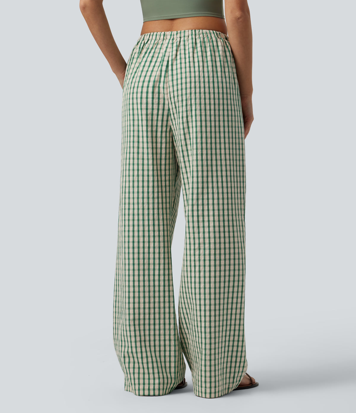 Mid Rise Drawsting Wide Leg Plaid Casual Trousers with Pockets — Forest Meadow Plaid — view 2