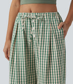 Mid Rise Drawsting Wide Leg Plaid Casual Trousers with Pockets — Forest Meadow Plaid — view 4