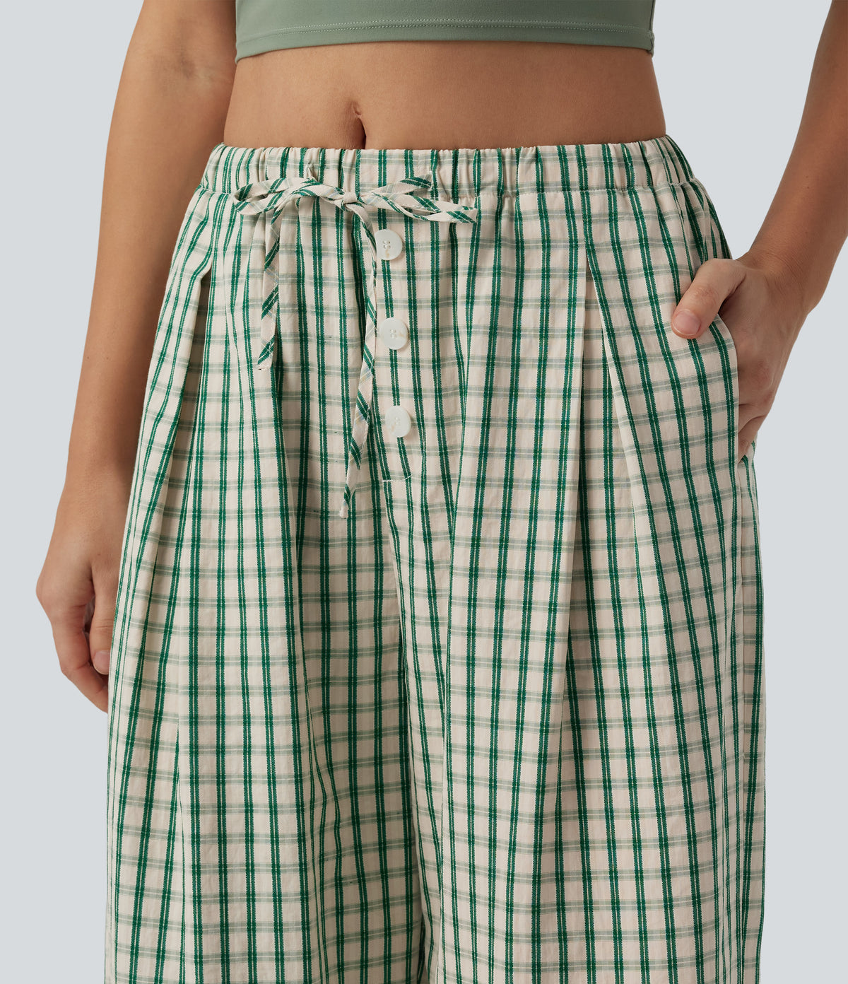Mid Rise Drawsting Wide Leg Plaid Casual Trousers with Pockets — Forest Meadow Plaid — view 4