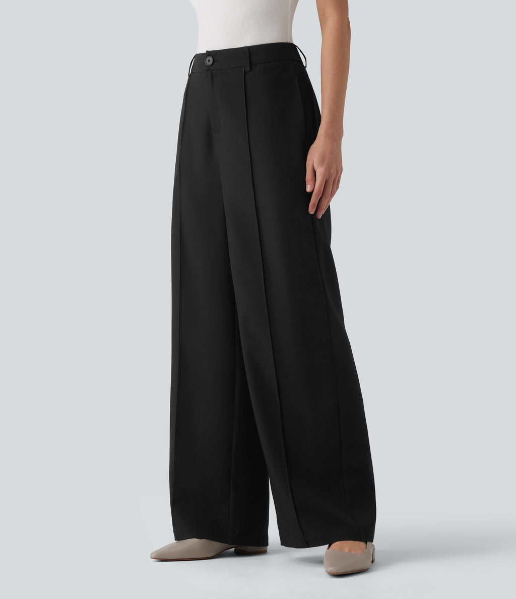 High Waisted Straight Leg Work Linen-Feel Trousers with Pockets — Black — view 3