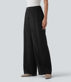 High Waisted Straight Leg Work Linen-Feel Trousers with Pockets — Black — view 3