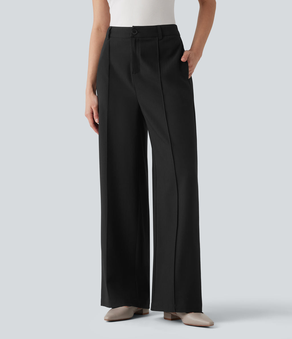 High Waisted Straight Leg Work Linen-Feel Trousers with Pockets — Black — view 1