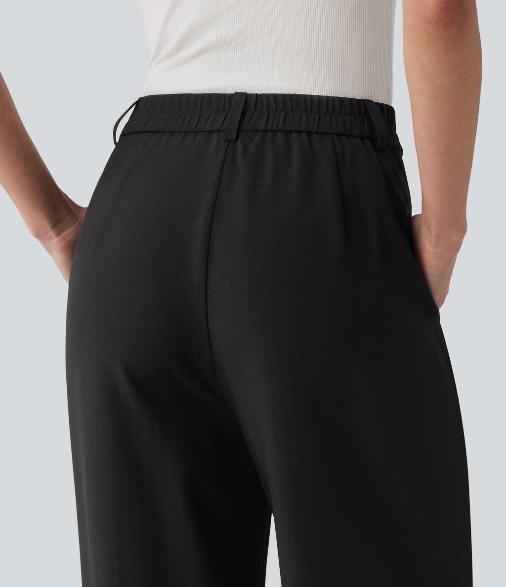 High Waisted Straight Leg Work Linen-Feel Trousers with Pockets — Black — view 5