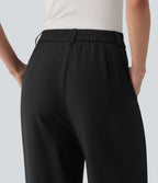 High Waisted Straight Leg Work Linen-Feel Trousers with Pockets — Black — view 5
