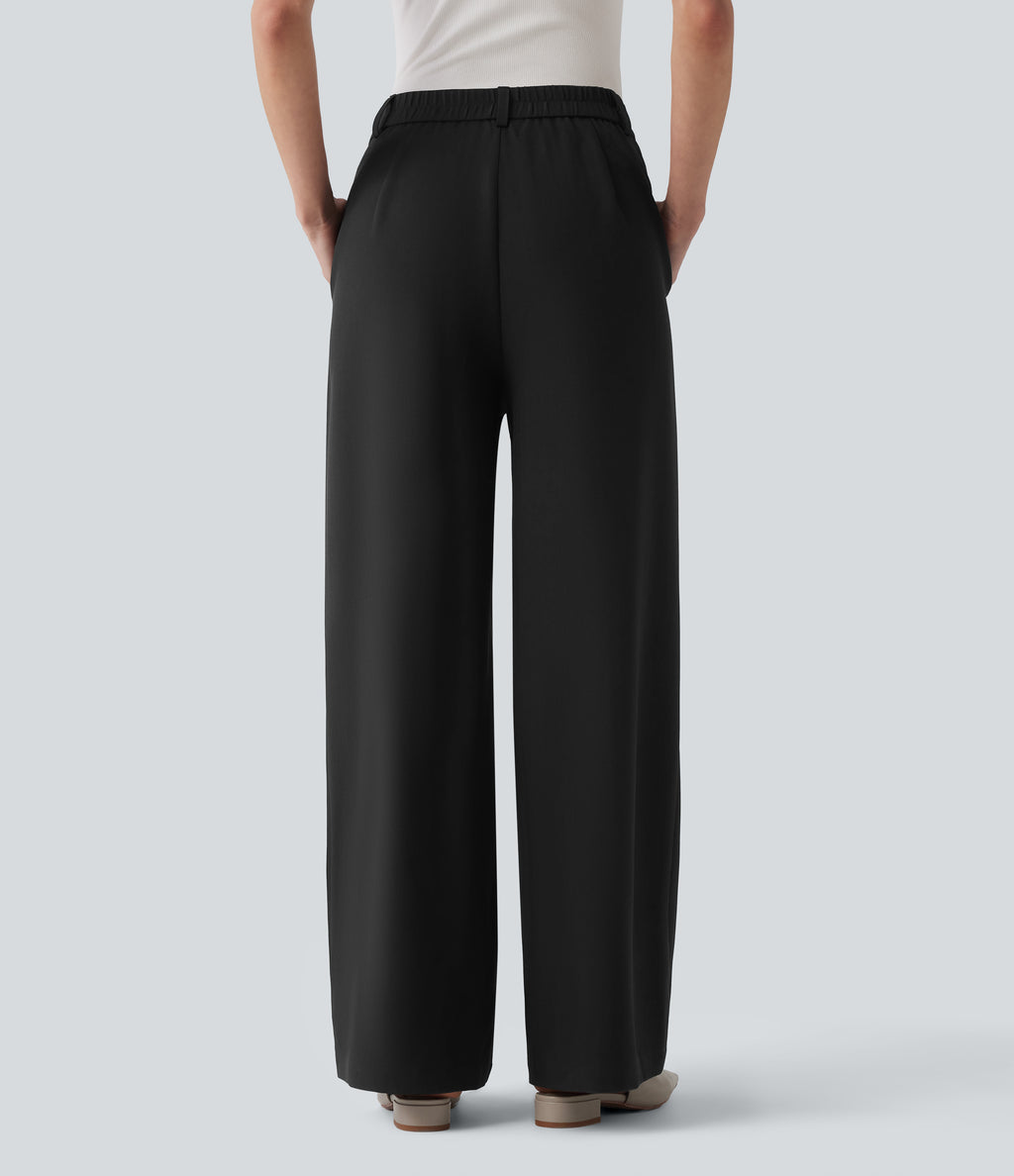 High Waisted Straight Leg Work Linen-Feel Trousers with Pockets — Black — view 2