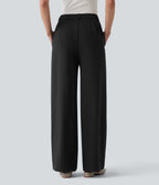 High Waisted Straight Leg Work Linen-Feel Trousers with Pockets — Black — view 2