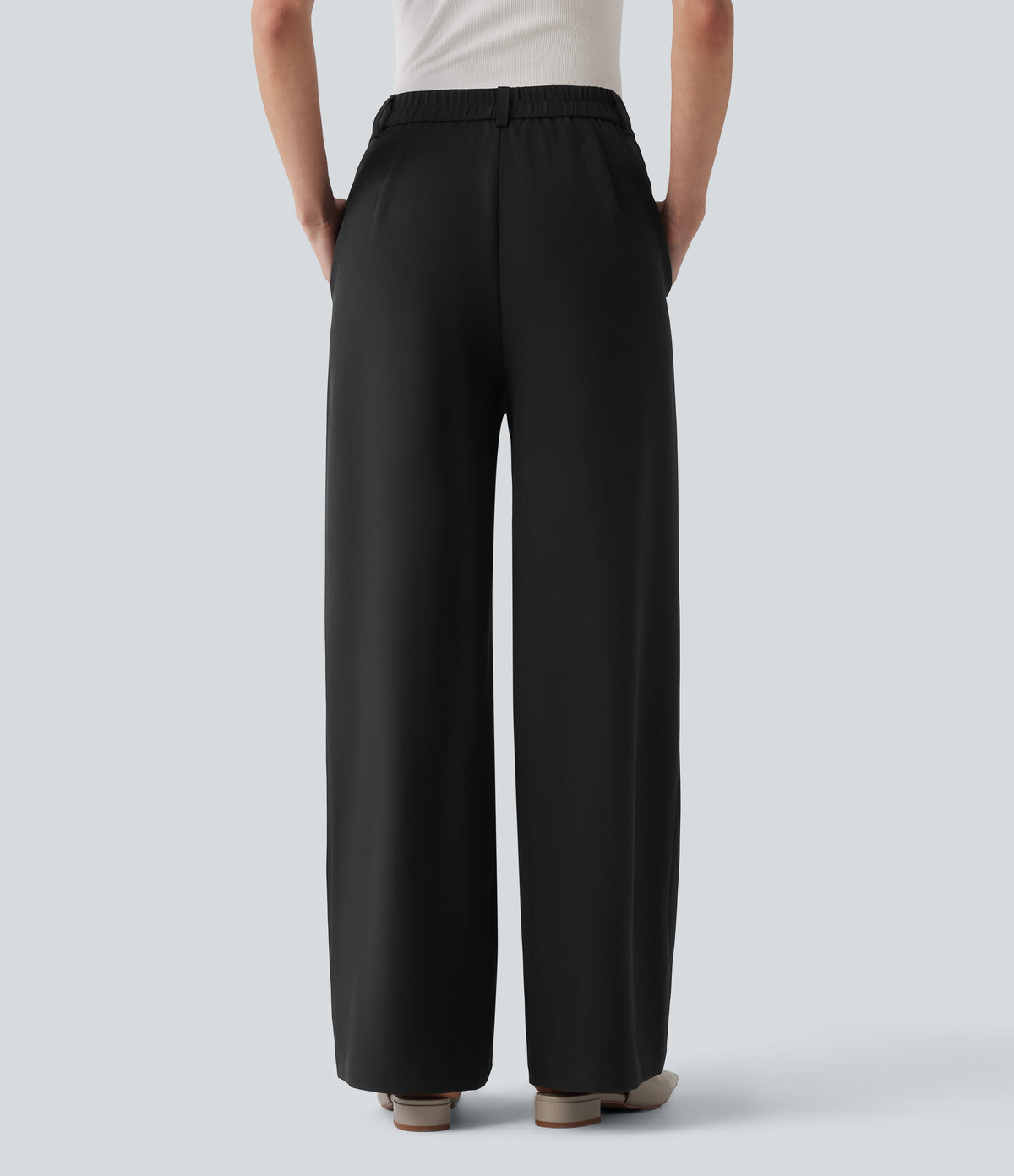 High Waisted Straight Leg Work Linen-Feel Trousers with Pockets — Black — view 2