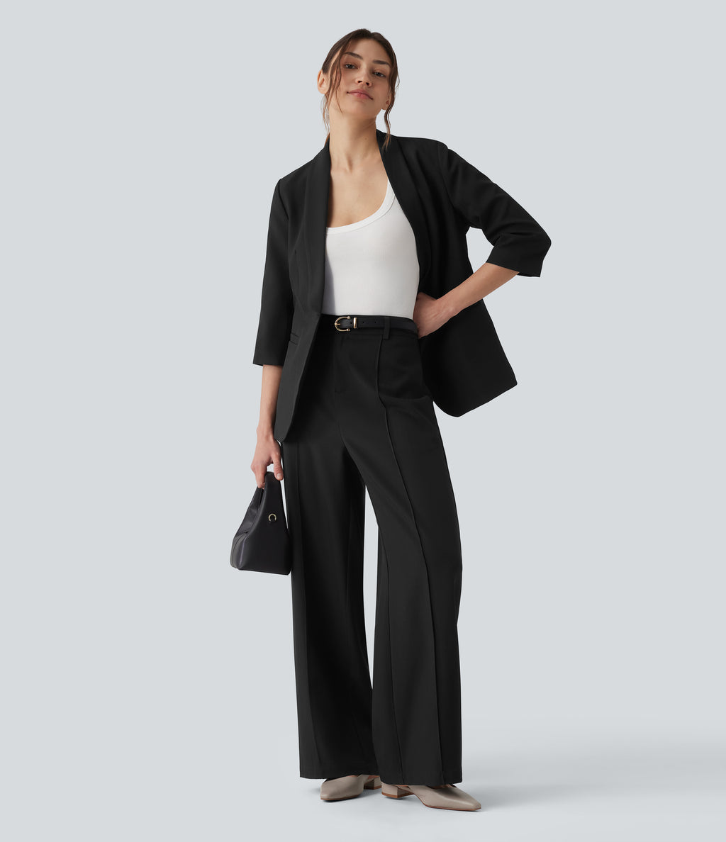 High Waisted Straight Leg Work Linen-Feel Trousers with Pockets — Black — view 6