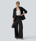 High Waisted Straight Leg Work Linen-Feel Trousers with Pockets — Black — view 6