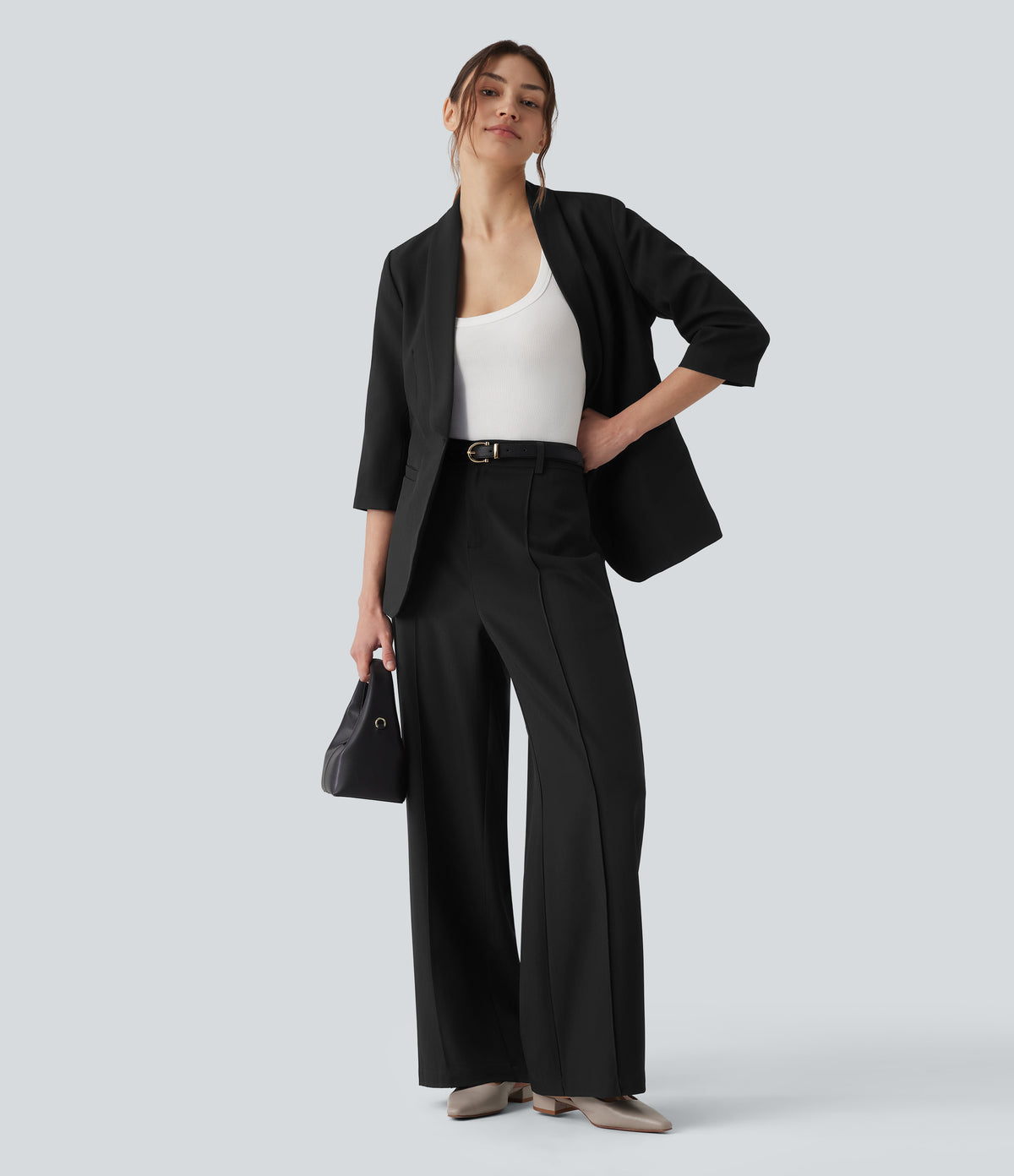 High Waisted Straight Leg Work Linen-Feel Trousers with Pockets — Black — view 6
