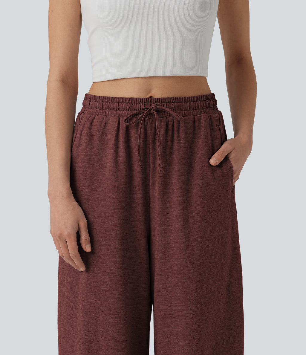 High Waisted Drawstring Wide Leg Color Block Casual Trousers with Pockets — Mottled Sandalwood Red — view 4