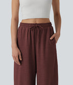 High Waisted Drawstring Wide Leg Color Block Casual Trousers with Pockets — Mottled Sandalwood Red — view 4