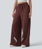 High Waisted Drawstring Wide Leg Color Block Casual Trousers with Pockets — Mottled Sandalwood Red — view 3