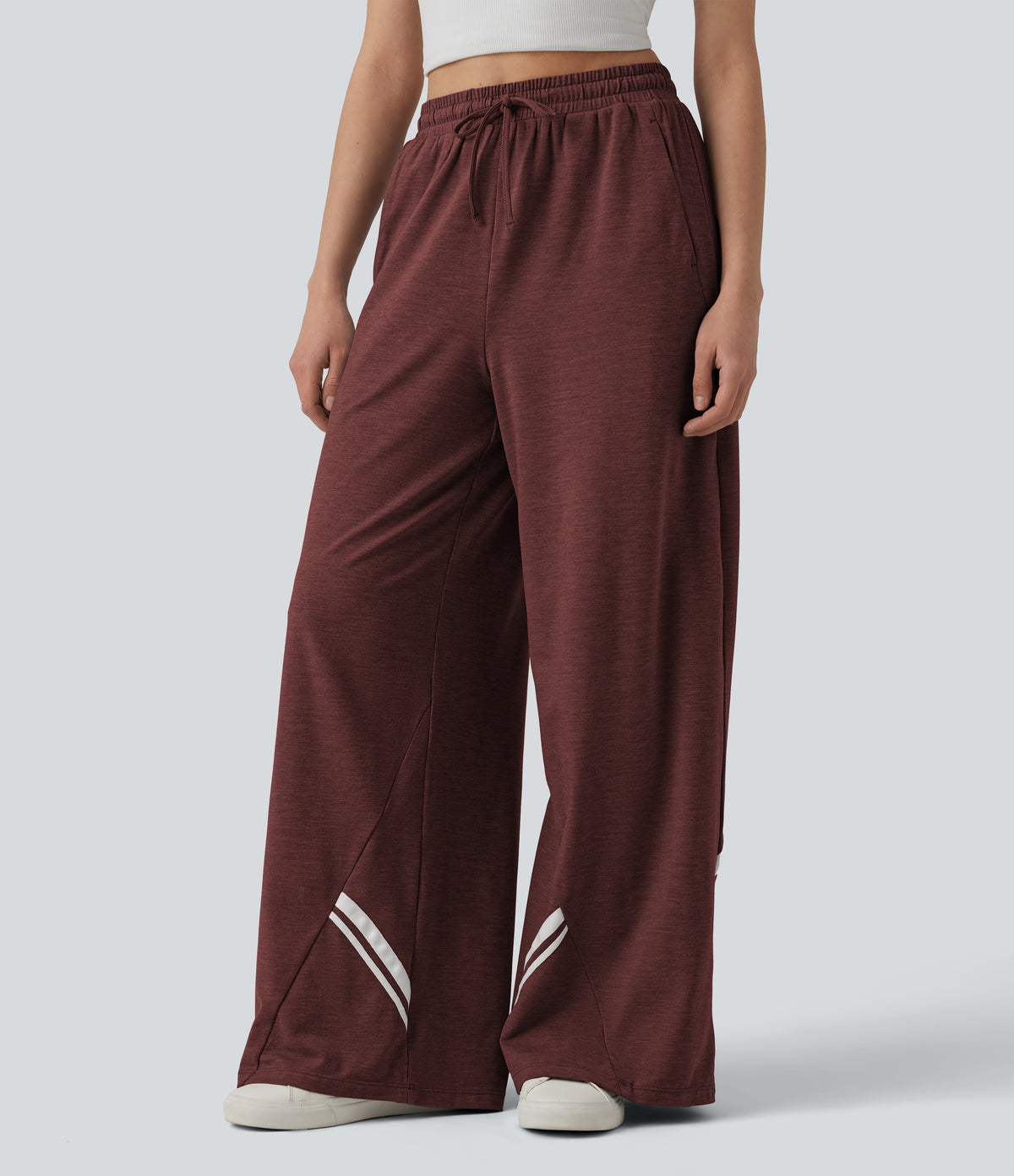 High Waisted Drawstring Wide Leg Color Block Casual Trousers with Pockets — Mottled Sandalwood Red — view 3