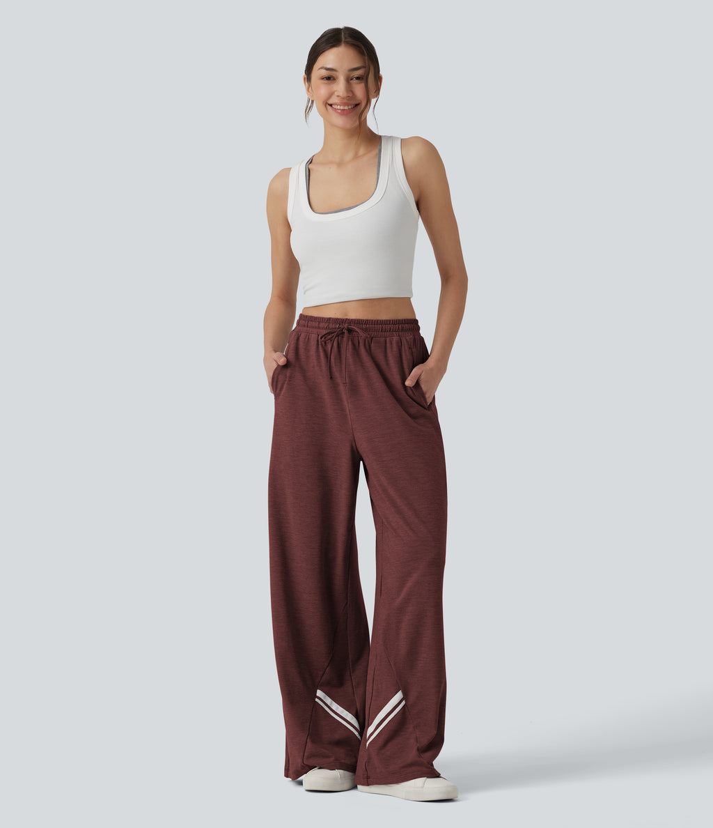 High Waisted Drawstring Wide Leg Color Block Casual Trousers with Pockets — Mottled Sandalwood Red — view 6