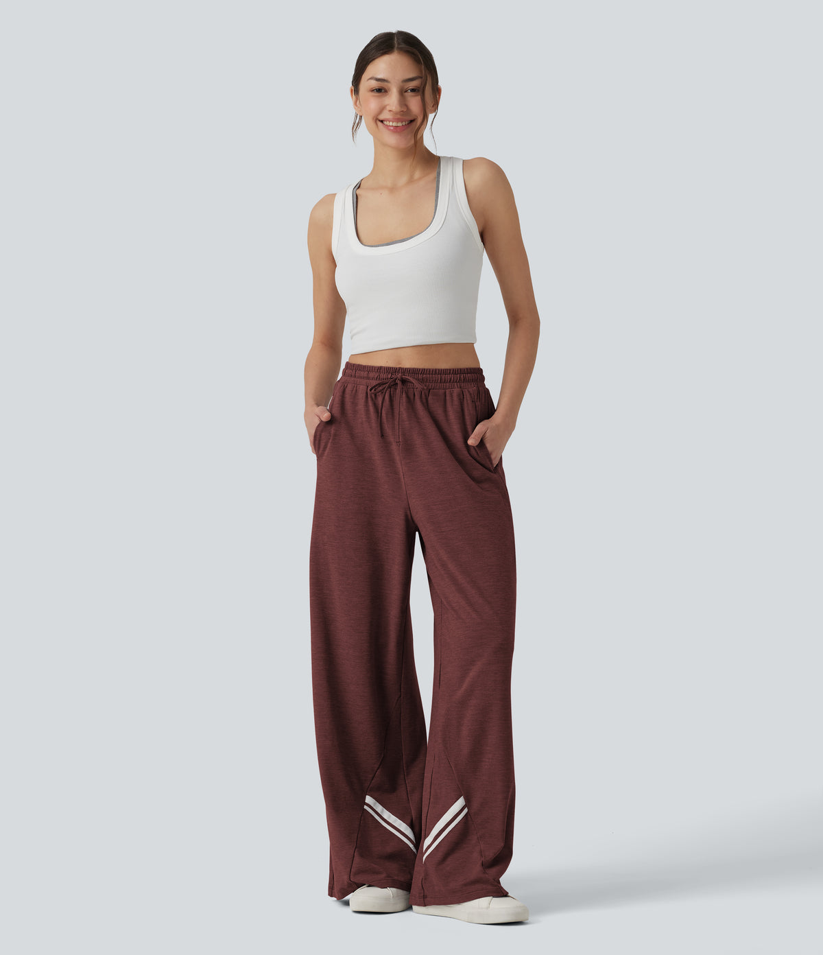 High Waisted Drawstring Wide Leg Color Block Casual Trousers with Pockets — Mottled Sandalwood Red — view 6