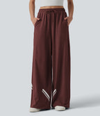 High Waisted Drawstring Wide Leg Color Block Casual Trousers with Pockets — Mottled Sandalwood Red — view 1