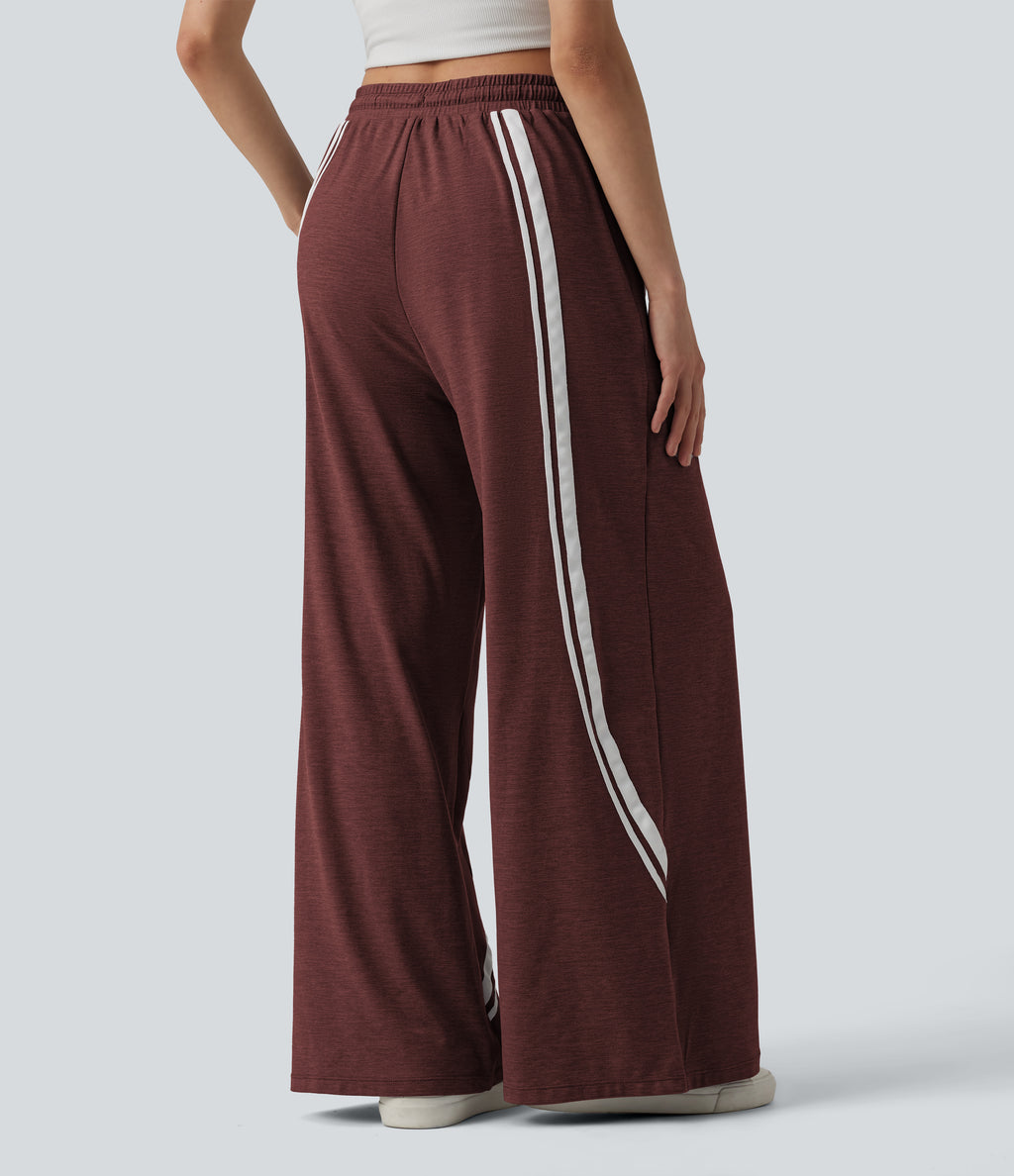 High Waisted Drawstring Wide Leg Color Block Casual Trousers with Pockets — Mottled Sandalwood Red — view 2