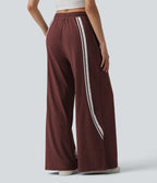 High Waisted Drawstring Wide Leg Color Block Casual Trousers with Pockets — Mottled Sandalwood Red — view 2