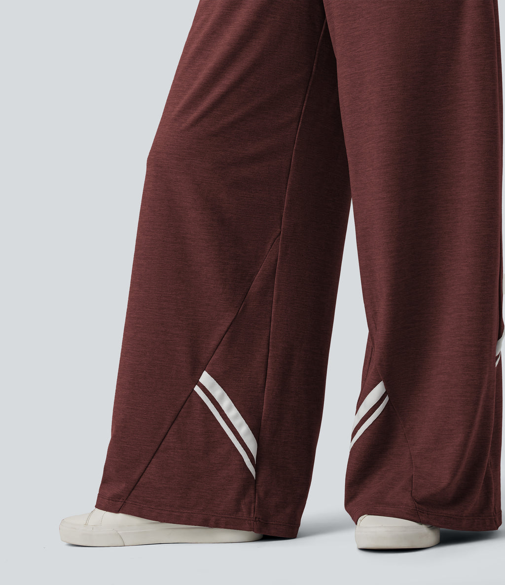 High Waisted Drawstring Wide Leg Color Block Casual Trousers with Pockets — Mottled Sandalwood Red — view 5