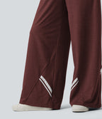 High Waisted Drawstring Wide Leg Color Block Casual Trousers with Pockets — Mottled Sandalwood Red — view 5