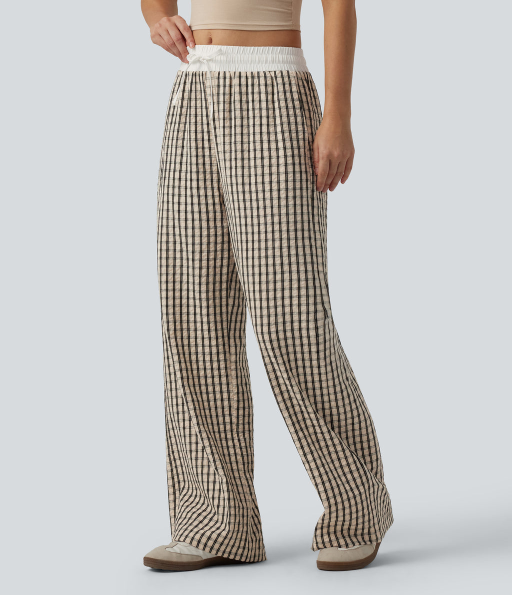 Mid Rise Drawstring Wide Leg Plaid Casual Trousers with Pockets — Oatmeal Khaki Plaid — view 3