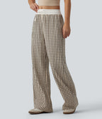 Mid Rise Drawstring Wide Leg Plaid Casual Trousers with Pockets — Oatmeal Khaki Plaid — view 3