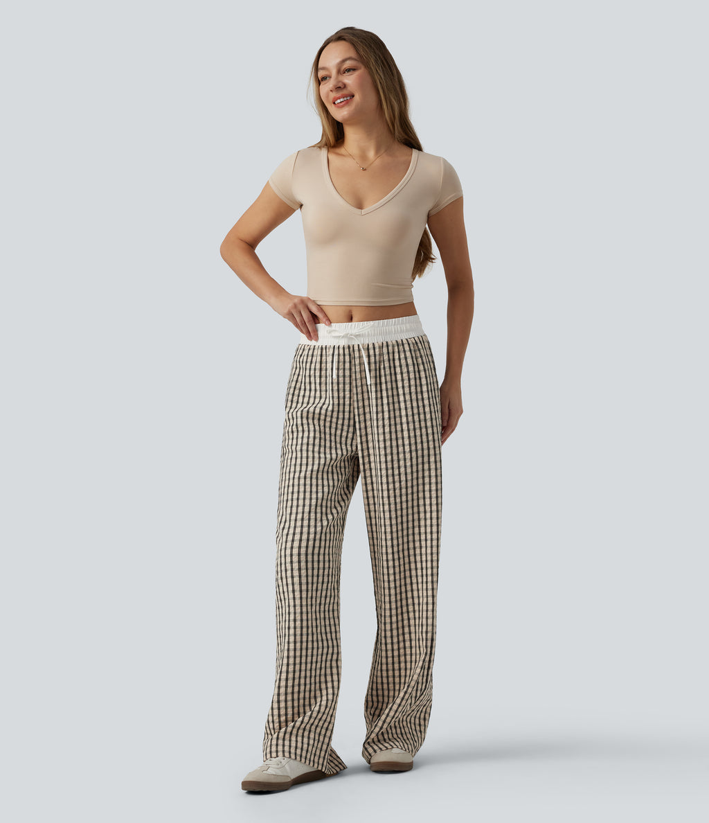 Mid Rise Drawstring Wide Leg Plaid Casual Trousers with Pockets — Oatmeal Khaki Plaid — view 5