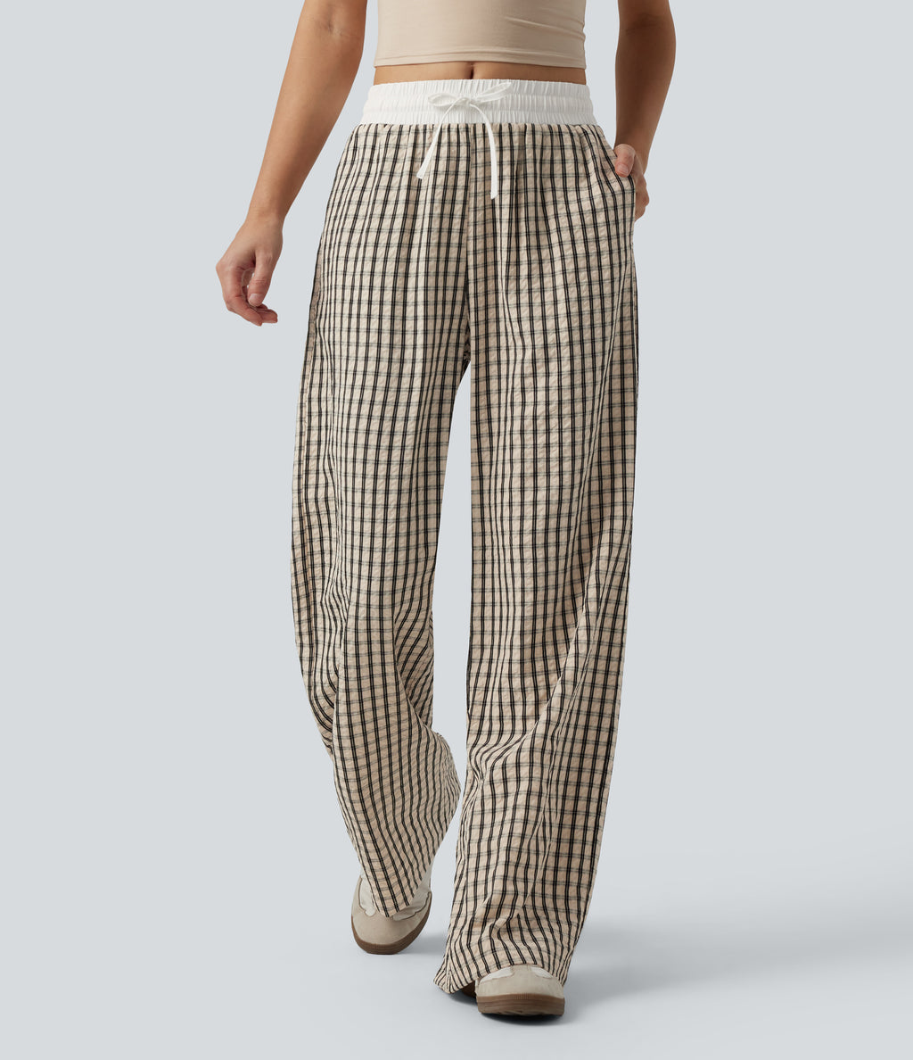 Mid Rise Drawstring Wide Leg Plaid Casual Trousers with Pockets — Oatmeal Khaki Plaid — view 1