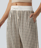 Mid Rise Drawstring Wide Leg Plaid Casual Trousers with Pockets — Oatmeal Khaki Plaid — view 4