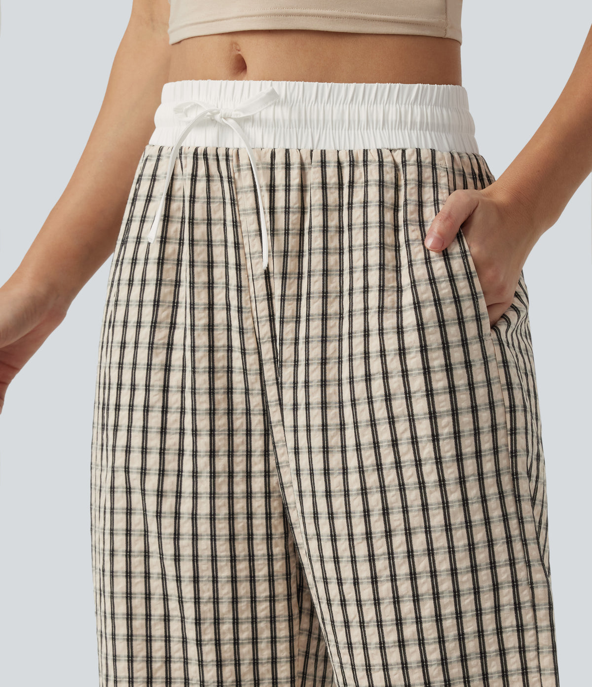 Mid Rise Drawstring Wide Leg Plaid Casual Trousers with Pockets — Oatmeal Khaki Plaid — view 4