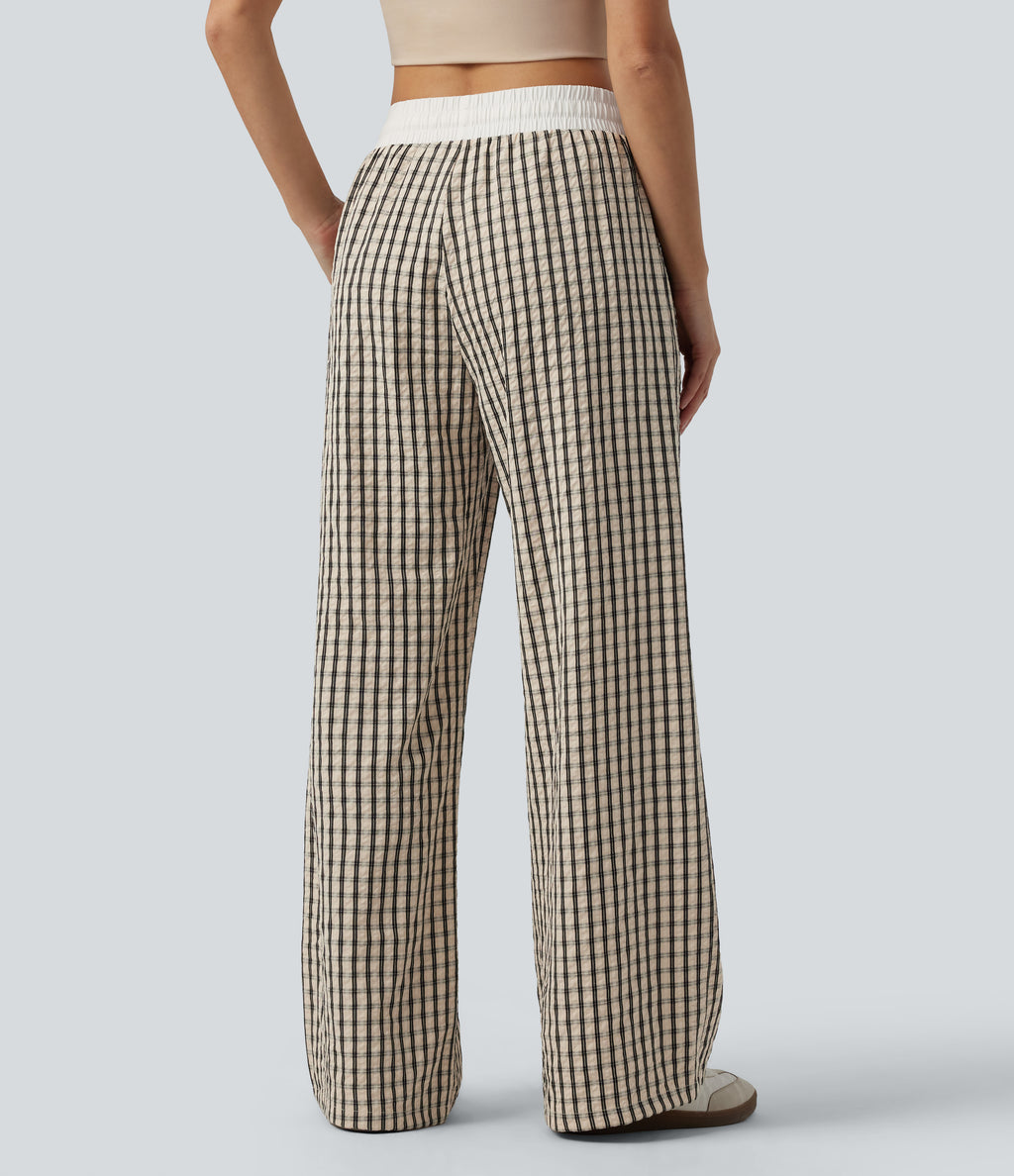 Mid Rise Drawstring Wide Leg Plaid Casual Trousers with Pockets — Oatmeal Khaki Plaid — view 2