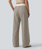 Mid Rise Drawstring Wide Leg Plaid Casual Trousers with Pockets — Oatmeal Khaki Plaid — view 2