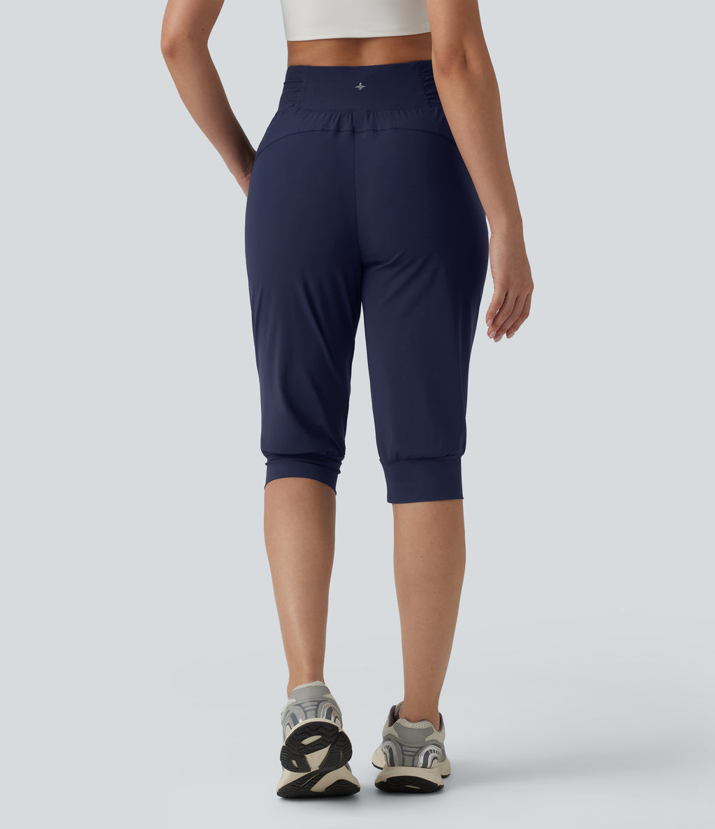 High Waisted Drawstring Ruched Tapered Pedal Pusher Quick Dry InstantCool Dance Joggers with Pockets-UPF40+ — Peacoat — view 2