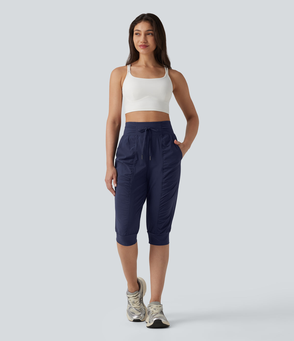 High Waisted Drawstring Ruched Tapered Pedal Pusher Quick Dry InstantCool Dance Joggers with Pockets-UPF40+ — Peacoat — view 6