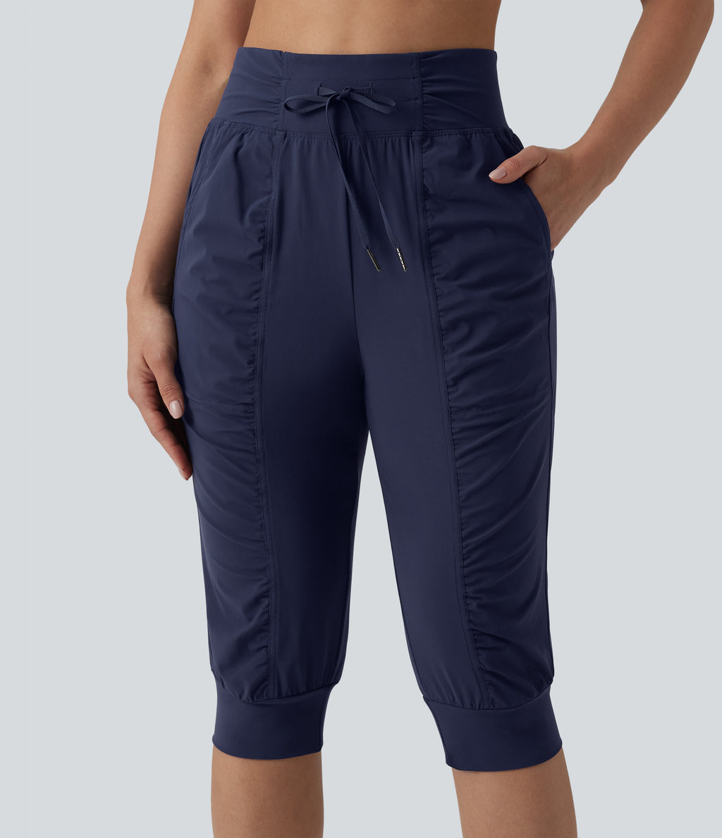 High Waisted Drawstring Ruched Tapered Pedal Pusher Quick Dry InstantCool Dance Joggers with Pockets-UPF40+ — Peacoat — view 4