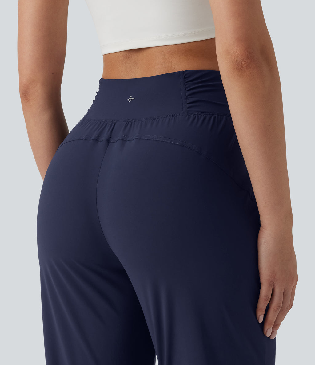 High Waisted Drawstring Ruched Tapered Pedal Pusher Quick Dry InstantCool Dance Joggers with Pockets-UPF40+ — Peacoat — view 5