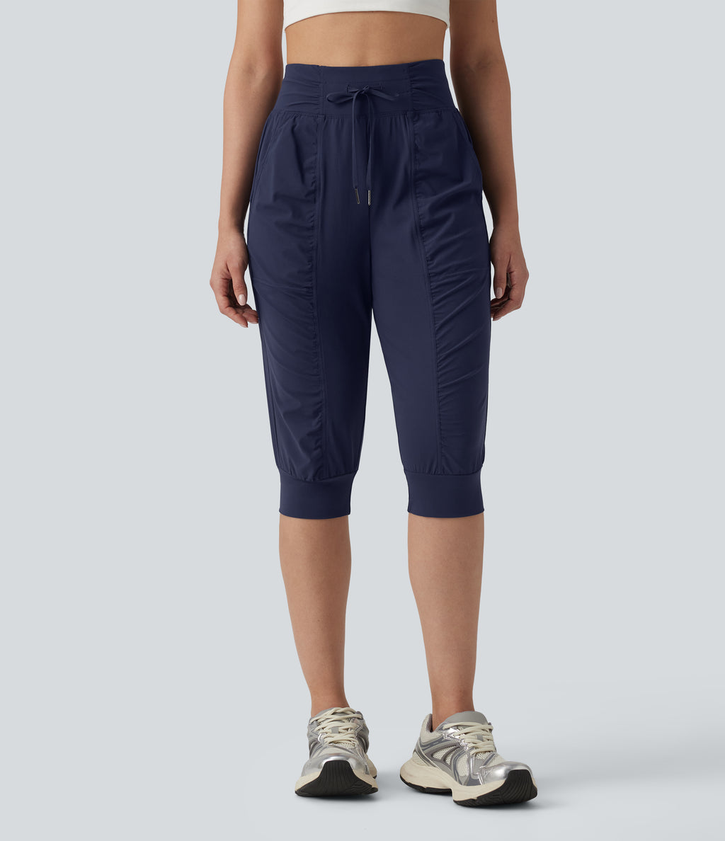 High Waisted Drawstring Ruched Tapered Pedal Pusher Quick Dry InstantCool Dance Joggers with Pockets-UPF40+ — Peacoat — view 1