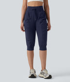High Waisted Drawstring Ruched Tapered Pedal Pusher Quick Dry InstantCool Dance Joggers with Pockets-UPF40+ — Peacoat — view 1