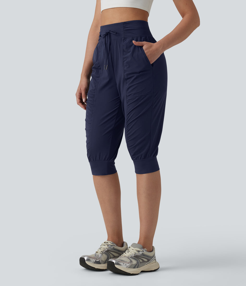 High Waisted Drawstring Ruched Tapered Pedal Pusher Quick Dry InstantCool Dance Joggers with Pockets-UPF40+ — Peacoat — view 3